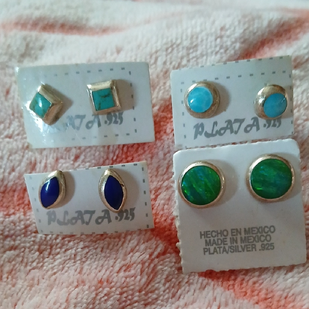 Silver and Gemstone Stud Earrings Set